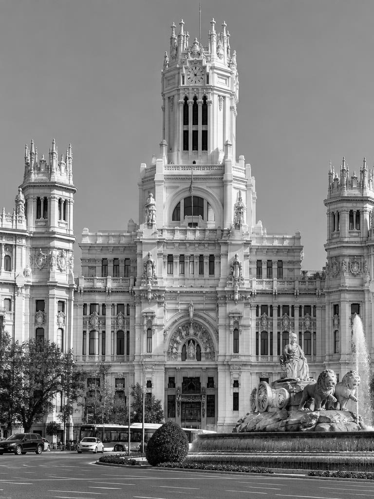 Palacio de Cibeles, Madrid, en blanco y negro